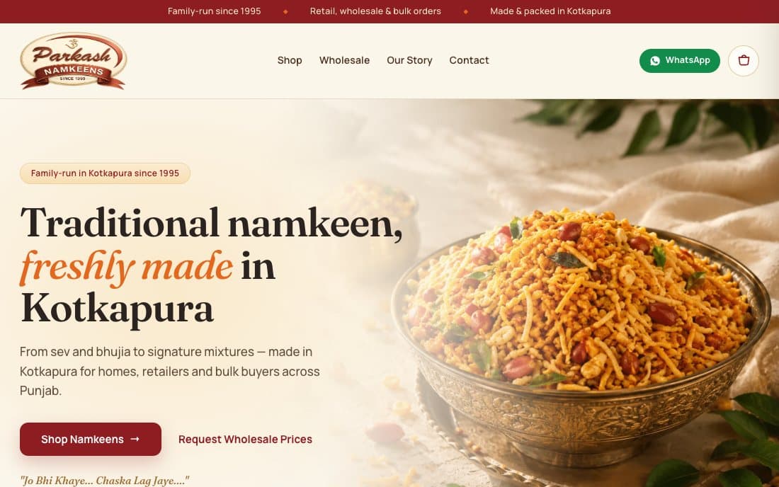 Om Parkash Namkeens homepage with its familiar Parkash logo, namkeen photography and separate shop and wholesale actions