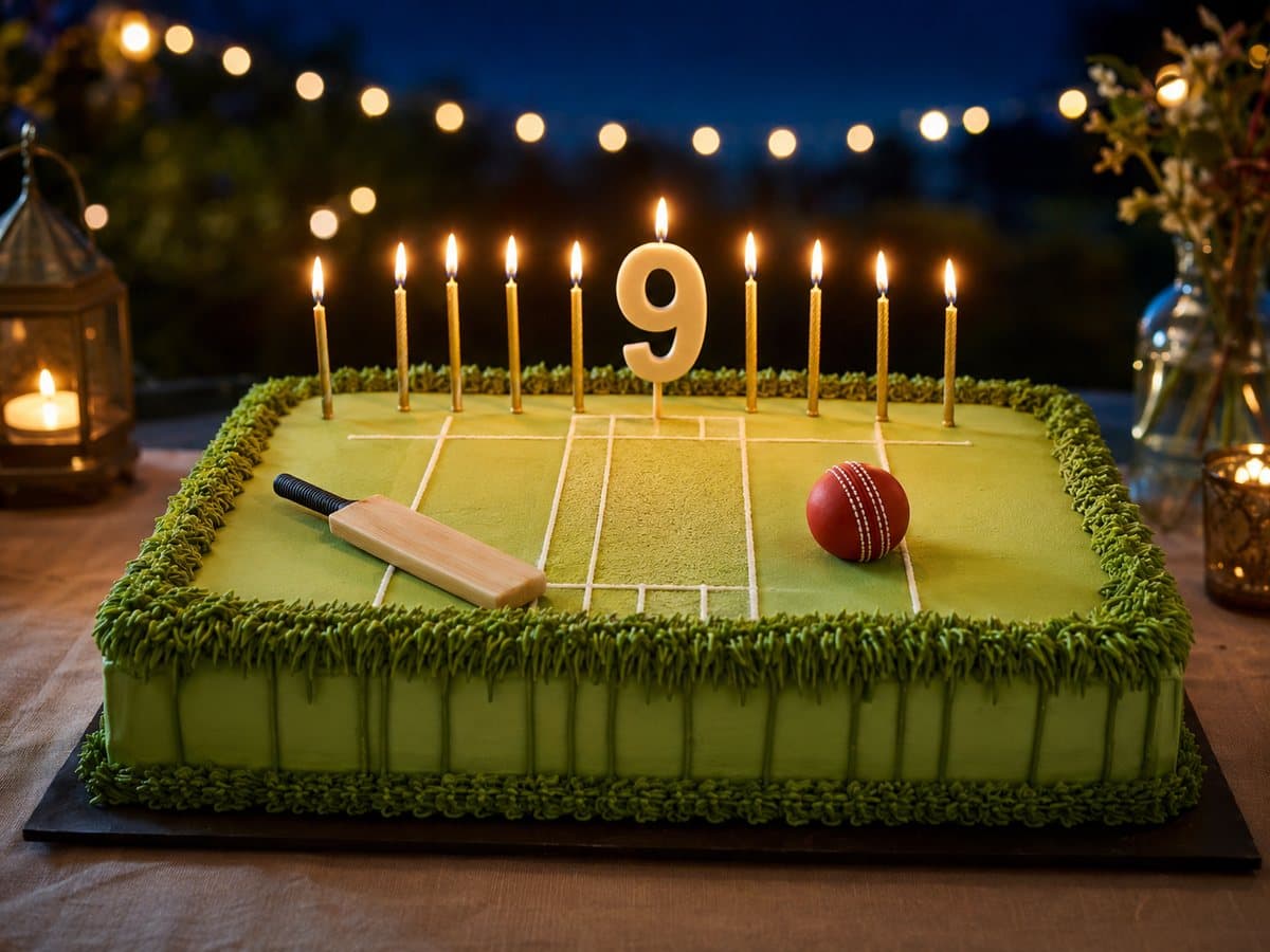 A cricket-themed birthday cake shaped like a pitch, with a tiny bat, ball and nine candles