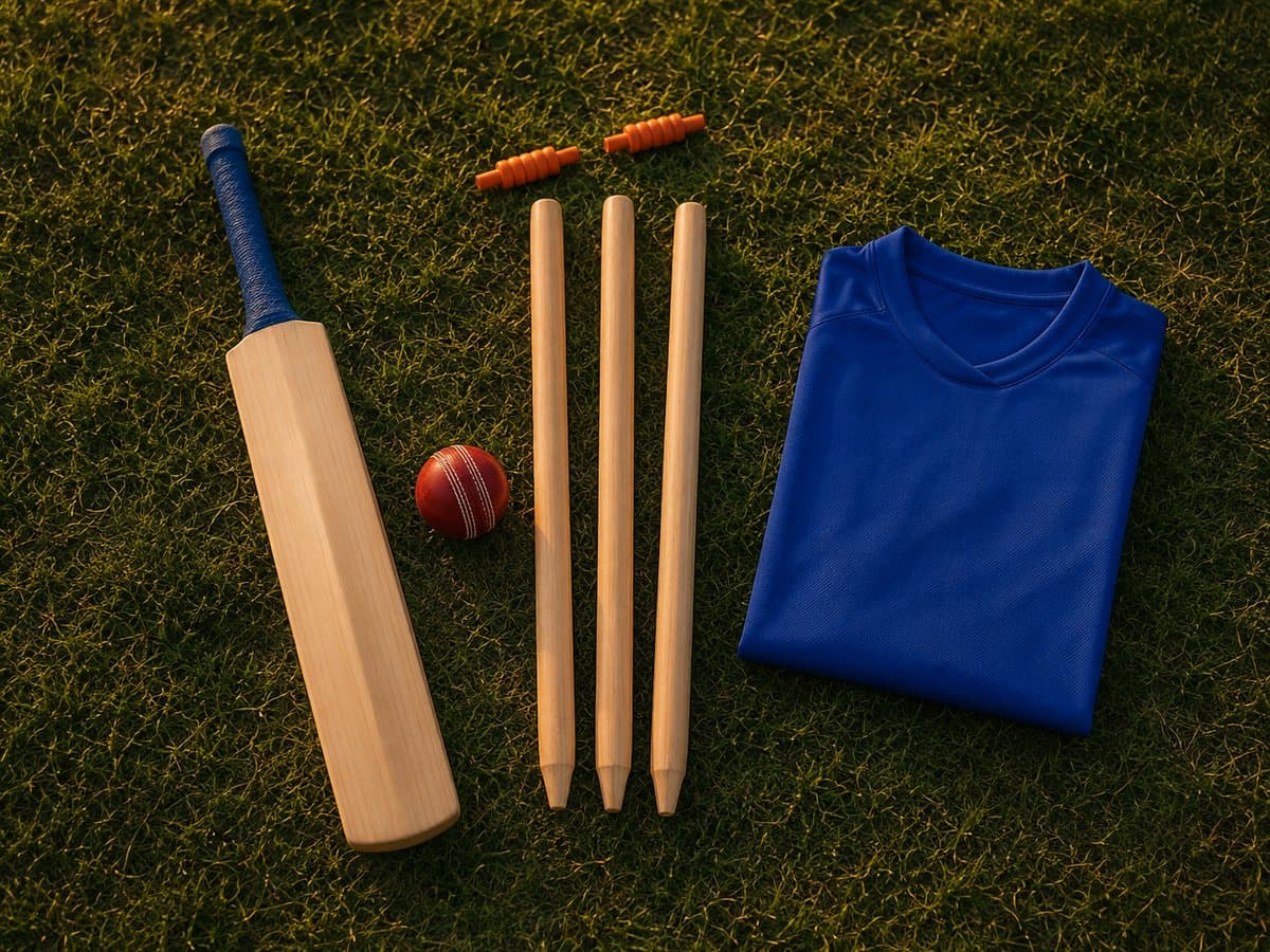 A kid-size cricket bat, red ball, wickets and a folded blue jersey laid out on grass