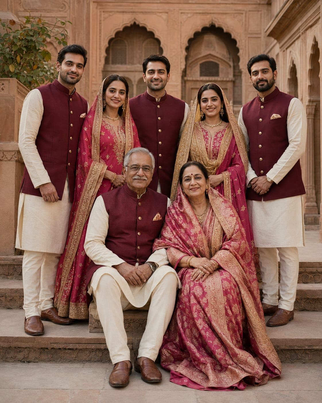 Three generations of the Mehta family on the steps of a haveli courtyard