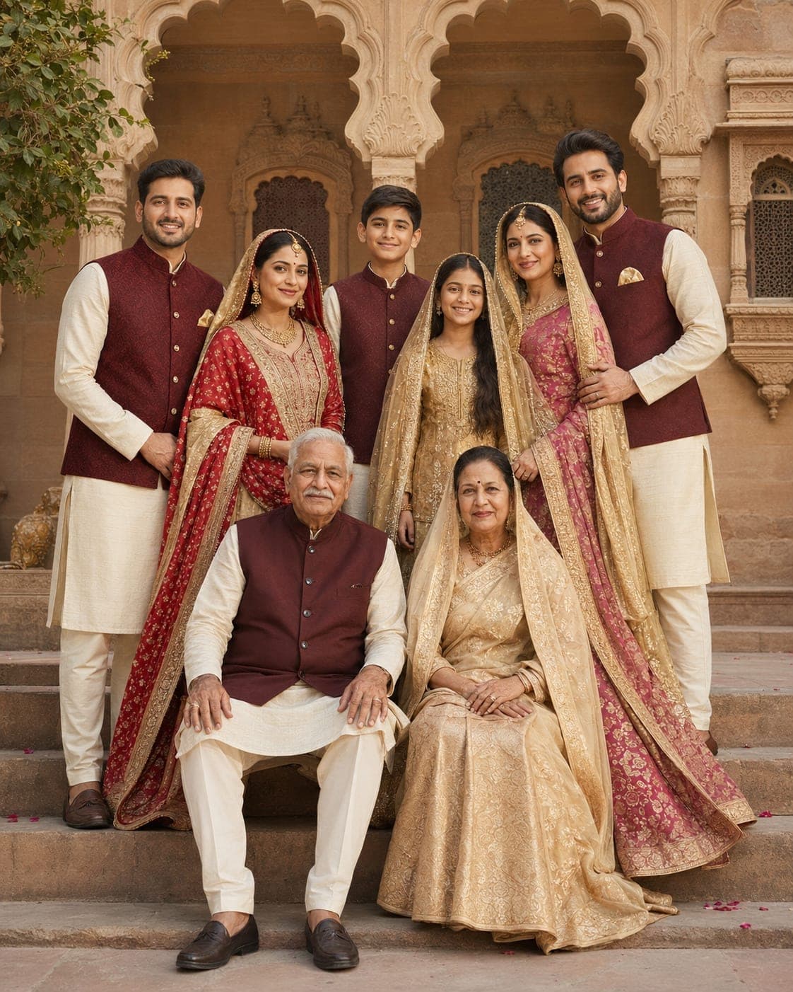 Three generations of the Sharma family on the steps of a haveli courtyard