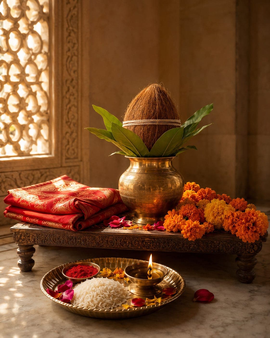 A brass kalash topped with mango leaves and a coconut beside a puja thali of vermilion, rice and a lit diya