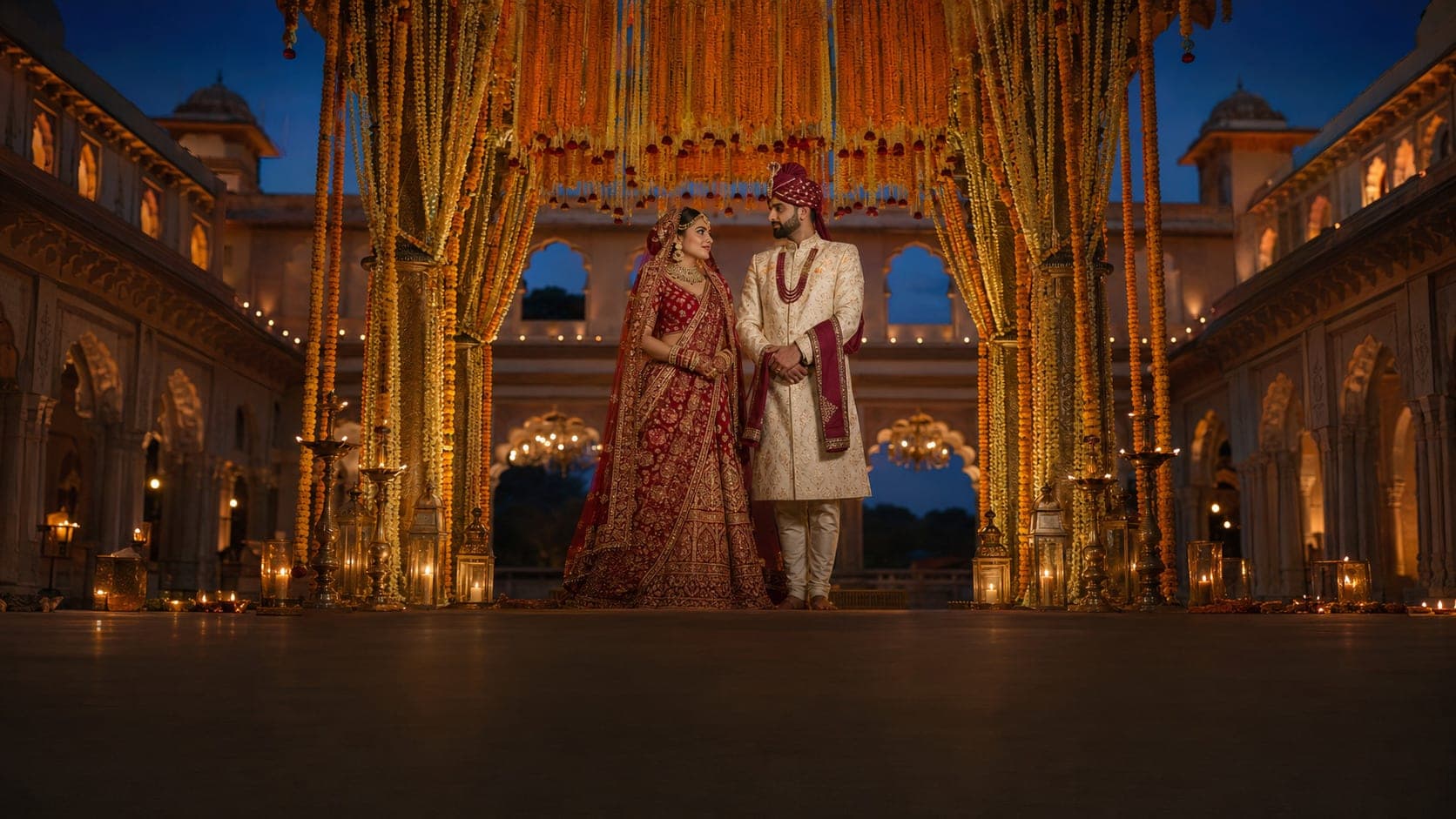 Aditi and Arjun standing together beneath a marigold-draped mandap at twilight