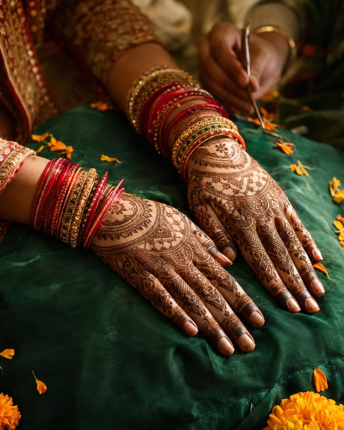 A bride's hands covered in intricate fresh henna, gold and red bangles at her wrists