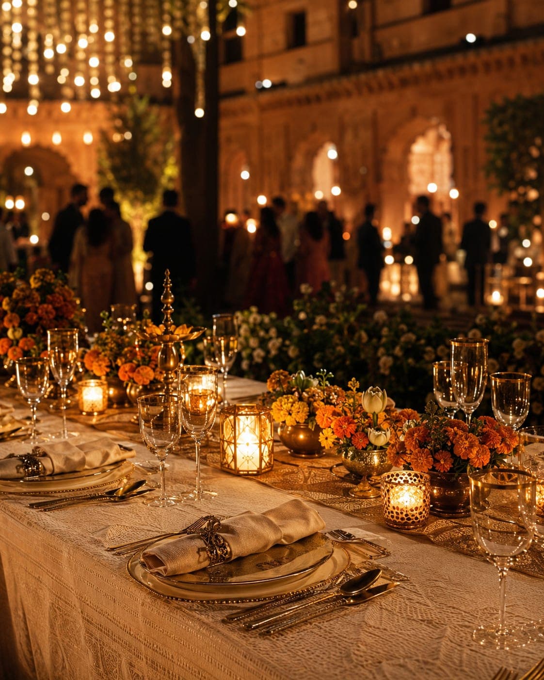 An elegant candlelit reception courtyard set with ivory linen and gold, guests softly out of focus