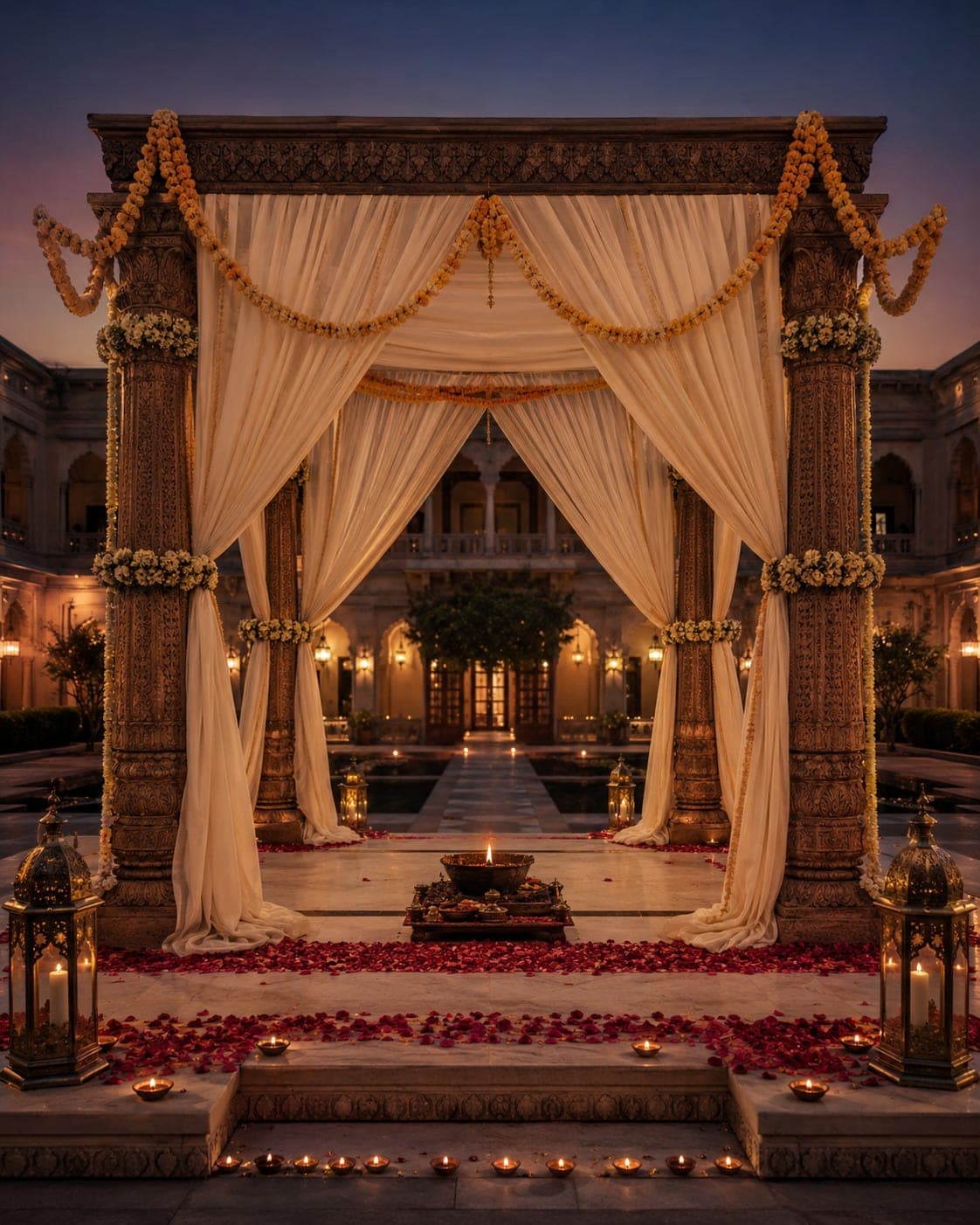 A marigold-draped mandap lit by brass lanterns at dusk, prepared for the ceremony