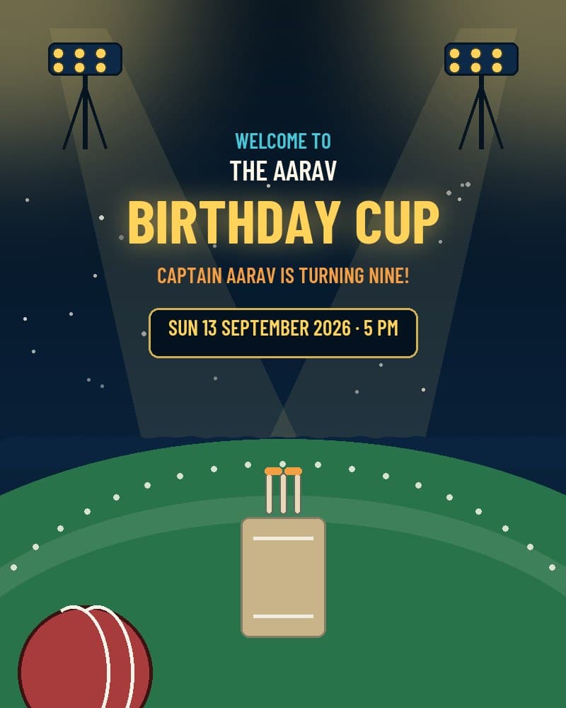 The Aarav Birthday Cup — Kids Birthday · Cricket sample invitation