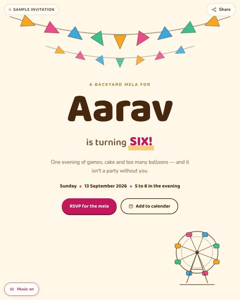 Aarav turns 6 — Kids Birthday · Mela sample invitation