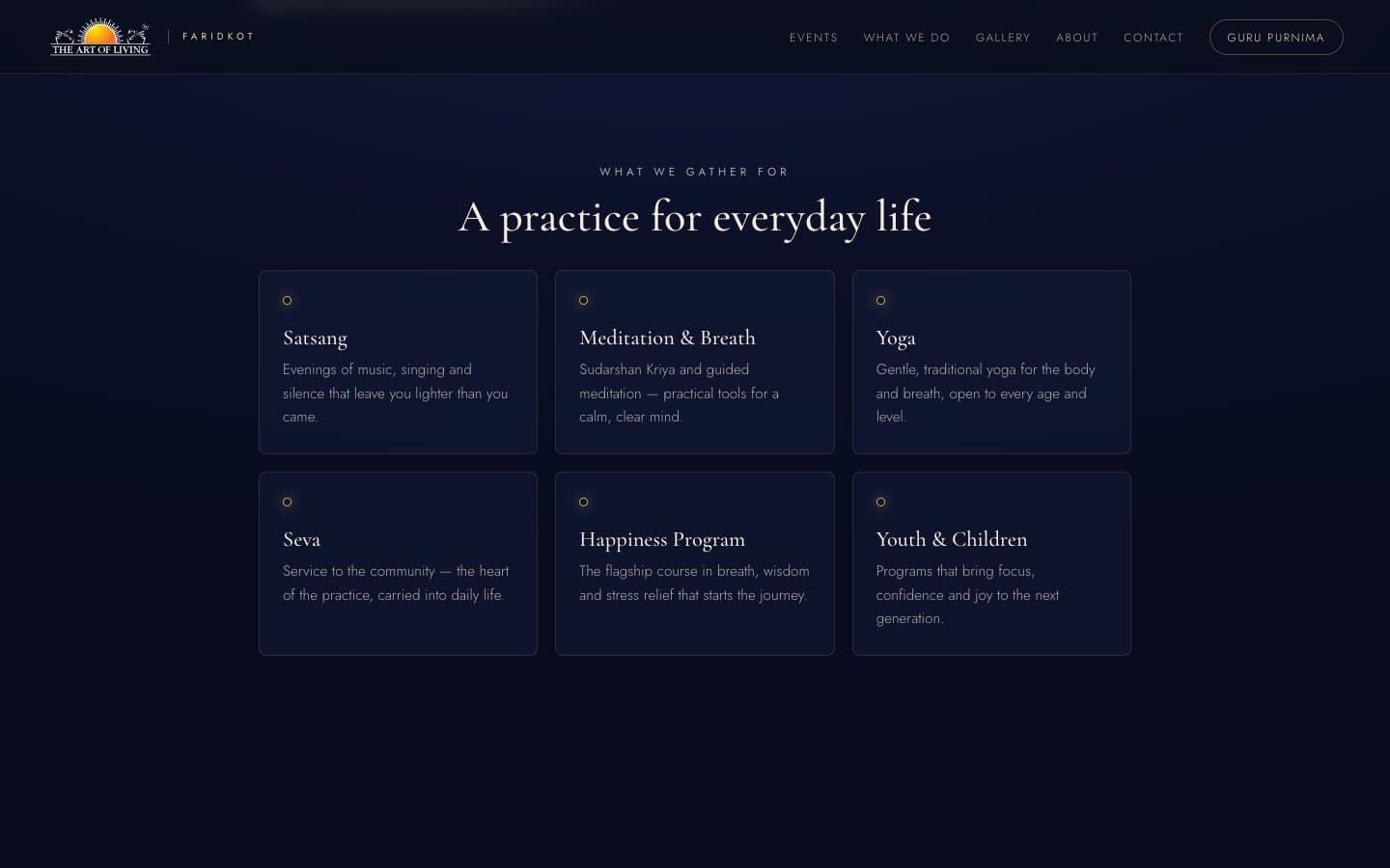 Satsang, meditation, yoga and seva activities